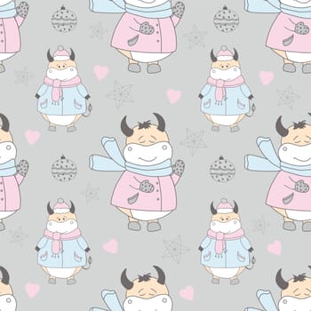 New Year pattern with a bull. Ox symbol of 2021. Funny ox illustration. Wrapping paper, christmas textile design.
