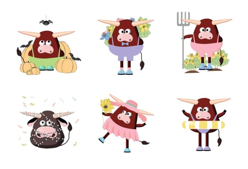 Bull character, cartoon ox. Symbol of 2021. Cute ox illustration on a white background. Animal farm with horns character set.