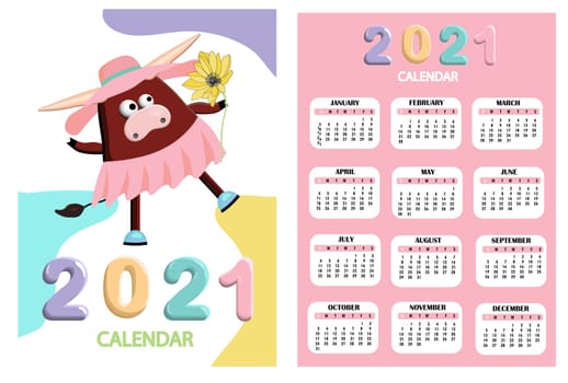 bull, white bull calendar or A4 planner for 2021 with cartoon kawaii, bull or cow, New Year symbol ox