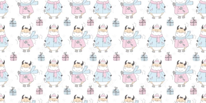 New Year pattern with a bull. Ox symbol of 2021.