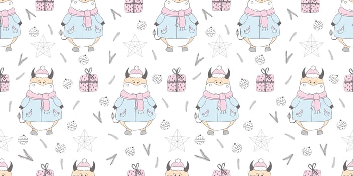 New Year pattern with a bull. Ox symbol of 2021. Funny ox illustration. Wrapping paper, christmas textile design.