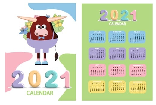 bull, white bull calendar or A4 planner for 2021 with cartoon ox, bull or cow, new year symbol, cute characters - cover and 12 monthly pages. Week starts on SUNDAY, printable template.