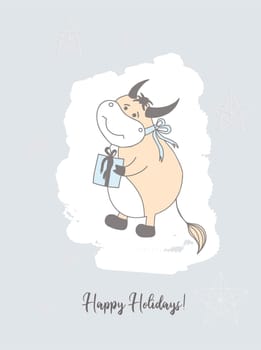 Year of the bull. Funny bulls characters. Cute ox in clothes. Symbol of 2021. Christmas card