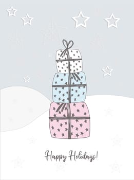 New Year's card of 2021. Christmas gifts. Winter hand drawn card. happy Holidays