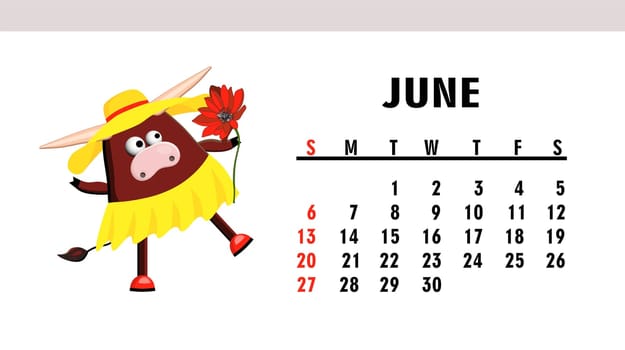 Cute children's calendar 2021. Year of the bull. Funny bull character isolated on a white background. Symbol of 2021.