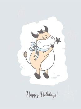 Christmas card. Year of the bull postcard. Poster. Ox character.