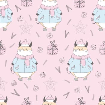 2021 symbol of the year. ox. Christmas pattern. Bulls in the snow. Design for wrapping paper, fabric and clothing. Pastel delicate colors.