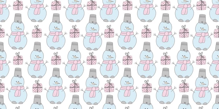 Christmas pattern with a snowman. 2021 year. Funny snowman illustration. Wrapping paper, christmas textile design.