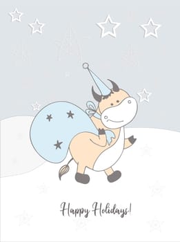 New Year's card of 2021. a wave or a bull. Winter hand drawn card. happy Holidays