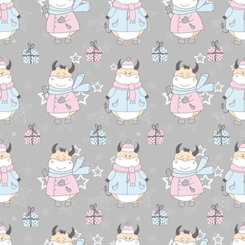 2021 symbol of the year ox. Christmas pattern. Bulls in the snow. Design for wrapping paper, fabric and clothing. Pastel delicate colors.
