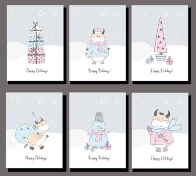 happy holidays. 2021 symbol of the year of the ox. Set of six christmas cards. New Year's bulls. Pastel delicate colors.