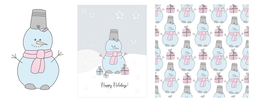 Cute snowman in a scarf illustration. Winter hand drawn cards and seamless pattern. snow. 2021. Happy holidays. Christmas and New Year.