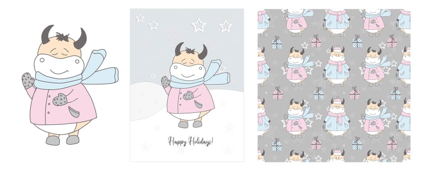 Cute ox in a scarf illustration. Winter hand drawn cards and seamless pattern. Bull. 2021. Happy holidays. Christmas and New Year.