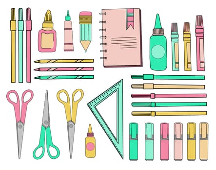 school sticker set. School accessories. Stationery on a white isolated background. Scissors, triangle ruler, pencils, pens and markers.