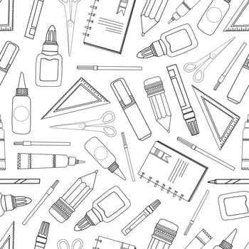 Seamless pattern school supplies. Stationery on a white background. Ruler, pencil, markers and felt-tip pens. SCHOOL AND TRAINING.
