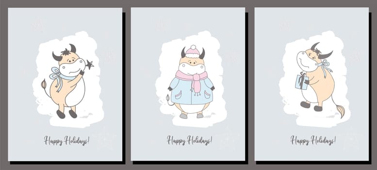 set of holiday cards. Christmas card. Year of the bull postcard. Poster. Ox character....