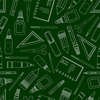school background. school supplies. pencil, ruler and other stationery. green pattern
