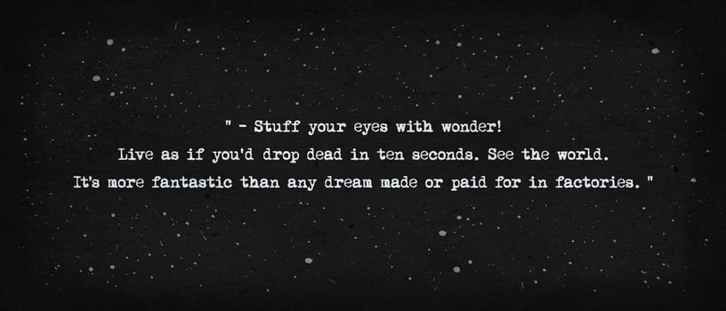 Stuff your eyes with wonder, live as if you'd drop dead in ten seconds. See the world. It's more fantastic than any dream made or paid for in factories. Quote from Fahrenheit 451 by Ray Bradbury.