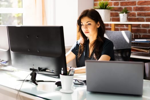 Woman At Workplace. Manager Doing Business Communication In Office