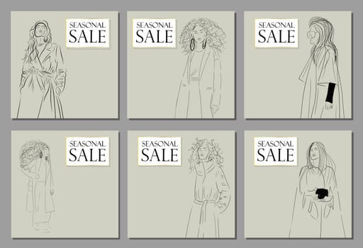 Seasonal sale banner. A modern autumn look. Fashion and Style. Beautiful stylish girl or woman in a coat.