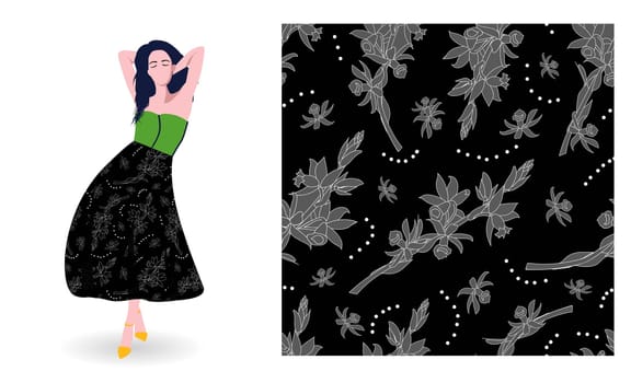 Cool floral print. white flowers on black background seamless vector pattern. Printing on textiles. Fabric design