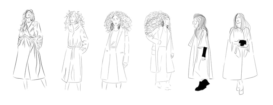 Drawn lines woman and girl on a white isolated background. Fashionable coloring book. Modern female image.
