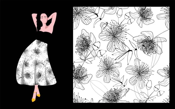 Print Textile Fabric Design Cool Floral Print Black Flowers White