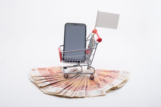 On a fan of five-thousandth bills, there is a grocery cart with a phone and a price tag on a stick