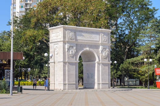 Anapa, Russia - 17 September 2020: Triumphal arch on the theater square in Anapa