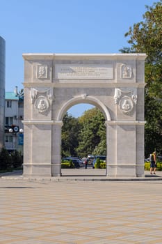 Anapa, Russia - 17 September 2020: Triumphal arch in honor of the victory in the Russian-Turkish war on the theater square in Anapa