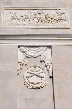 Anapa, Russia - 17 September 2020: Bas-reliefs on the Arc de Triomphe in honor of the victory in the Russian-Turkish war near the theater square in Anapa