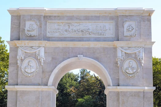 Anapa, Russia - 17 September 2020: The upper part of the sculpture is a triumphal arch in honor of the victory in the Russian-Turkish war at the theater square in Anapa