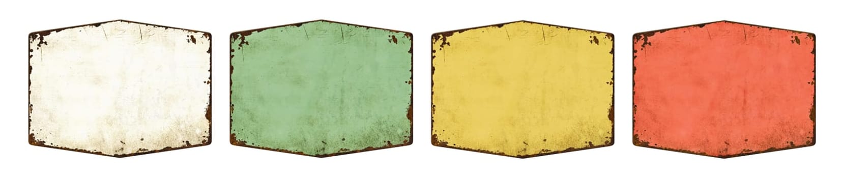 Four empty vintage tin signs on a white background