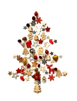 Christmas Tree Build Of Vairous Christmas Decoration And Ornaments. White Isolated Background