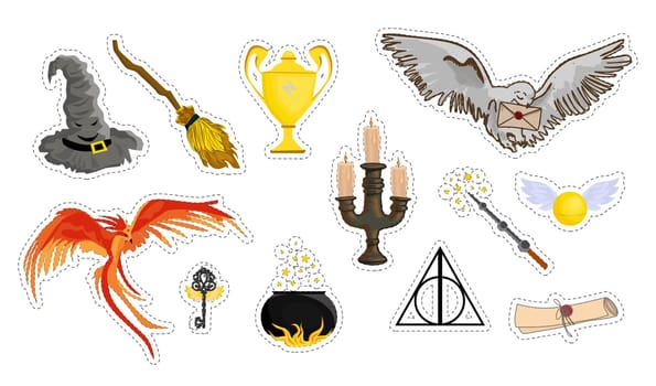 A set of magic items. school of magic and witchcraft. isolated on white. Vector illustration.