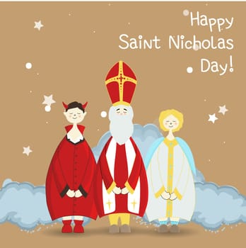 St. Nicholas Day greeting poster. Winter holiday postcard.