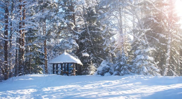 Winter landscape with little hut in the forest
