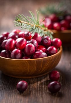Ripe organic cranberries in wooden bowl on wooden background.