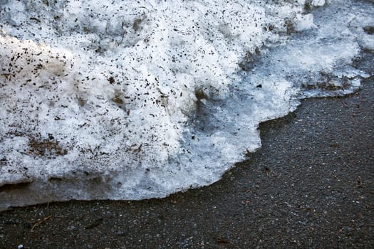 Melting snow on the road in early spring