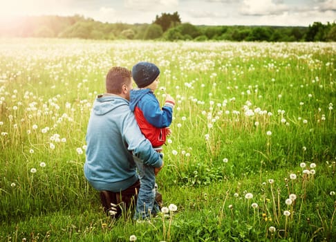 Father and son walking on dandelion field