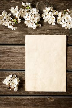 fresh cherry flowers on old wooden board