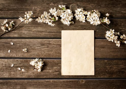 fresh cherry flowers on old wooden board