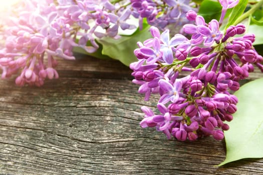 view to lilac flowers on old wooden background