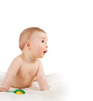 little baby isolated on white background lying on soft blanket
