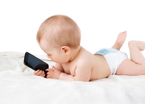 Baby holding a mobile phone isolated on white background