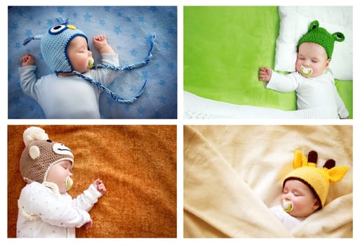 set of colourful pictures of sleeping baby in animal hats