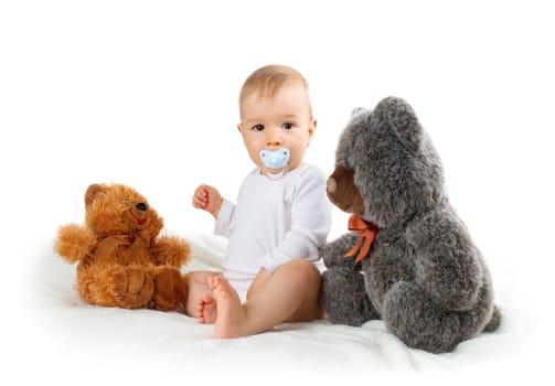 Little baby isolated on white background with teddy bear