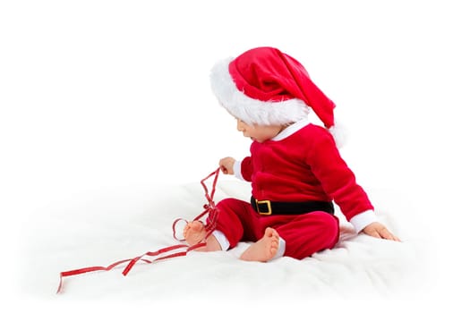 little Baby isolated on white background in santa costume