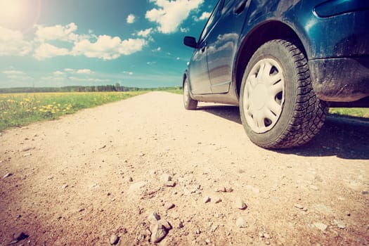 Car tires on gravel goad near dandelion field