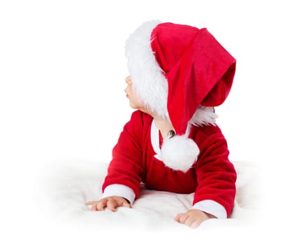 eight month old baby isolated on white background in santa costume